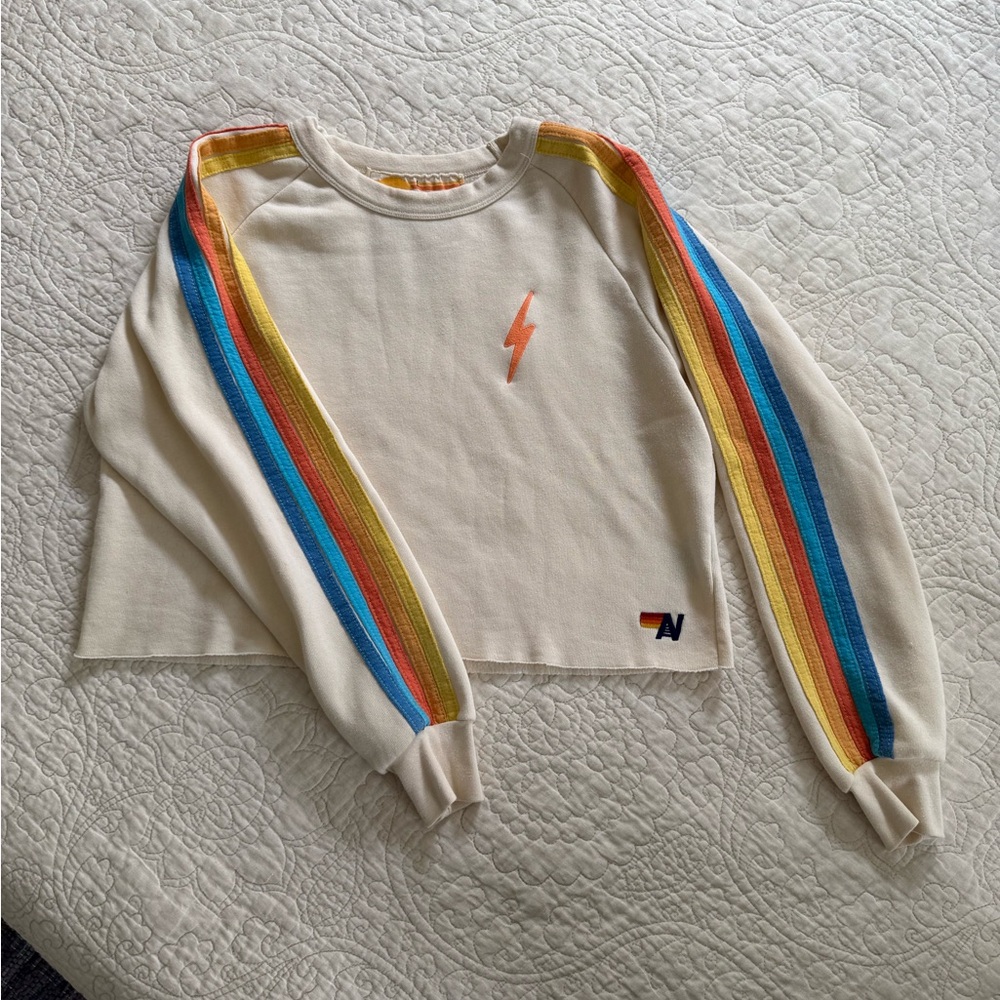 Aviator Nation Cream and Red Crew Neck Crewneck with stripes Large